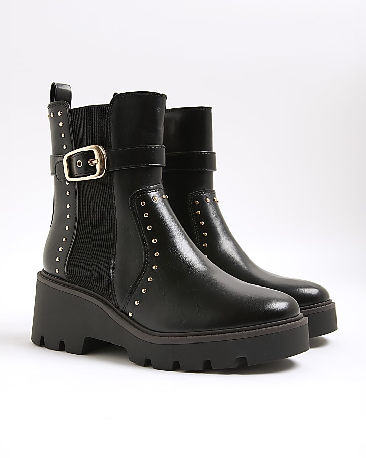 Black Wide Fit Studded Buckle Wedge Boots