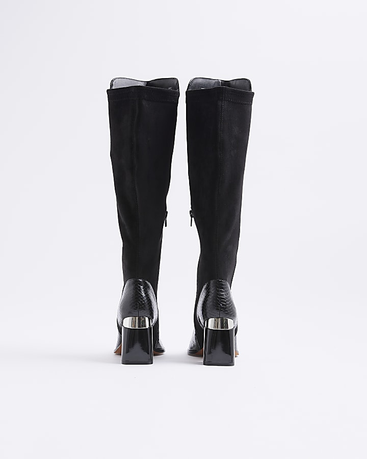 Black Wide Metal Heel Knee High Boot