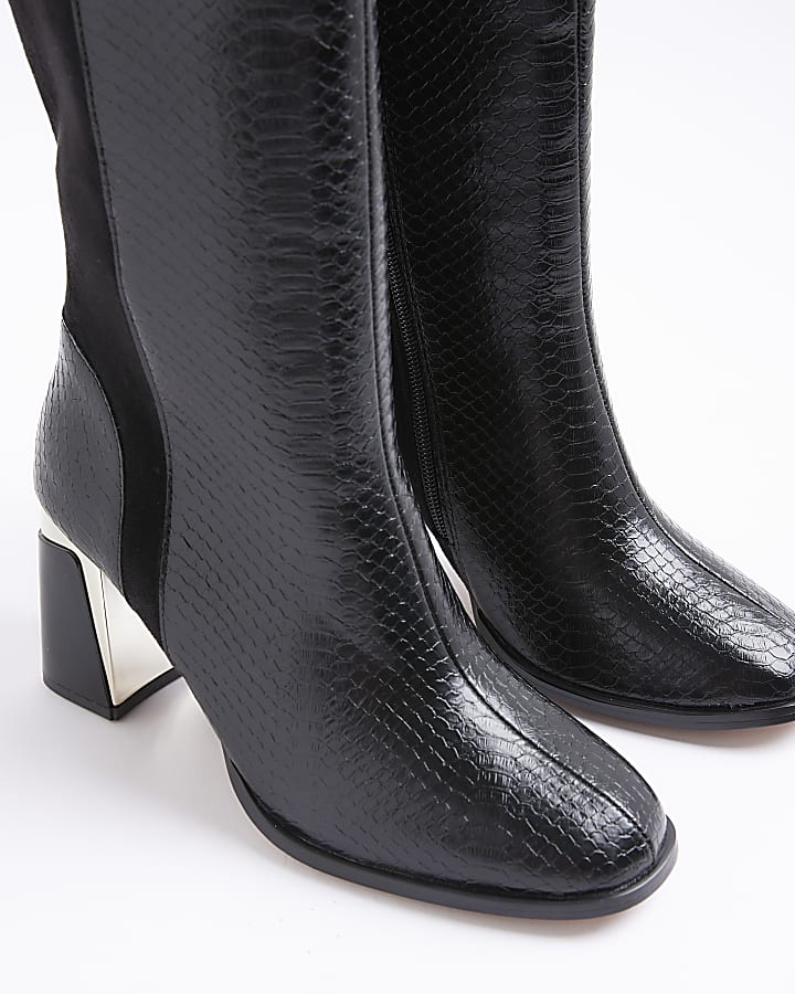 Black Wide Metal Heel Knee High Boot