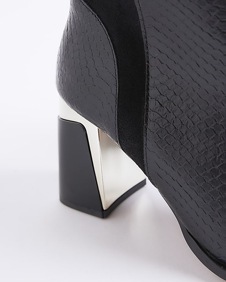 Black Wide Metal Heel Knee High Boot
