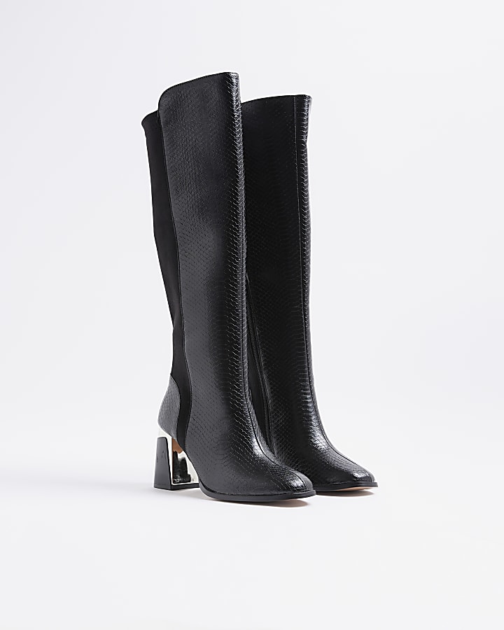 Black Wide Metal Heel Knee High Boot