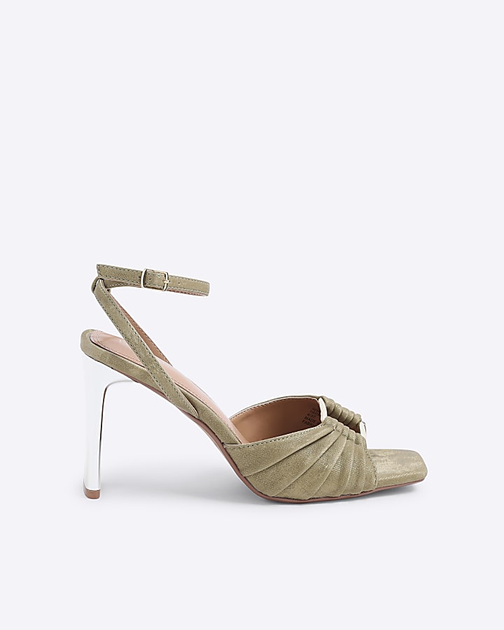 Green Pleated Ring Detail Heeled Sandals