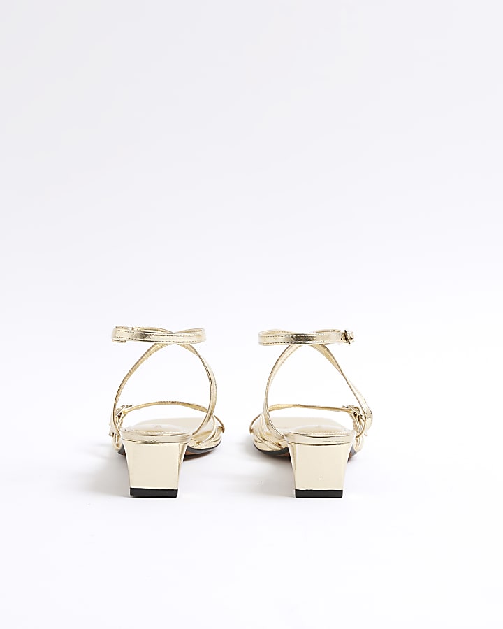 Gold Strapped Low Block Heel Sandals