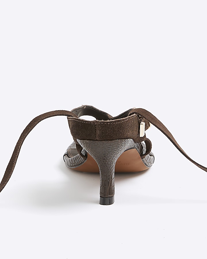 Brown Suede Tie Up Suede Toe Thong Heels