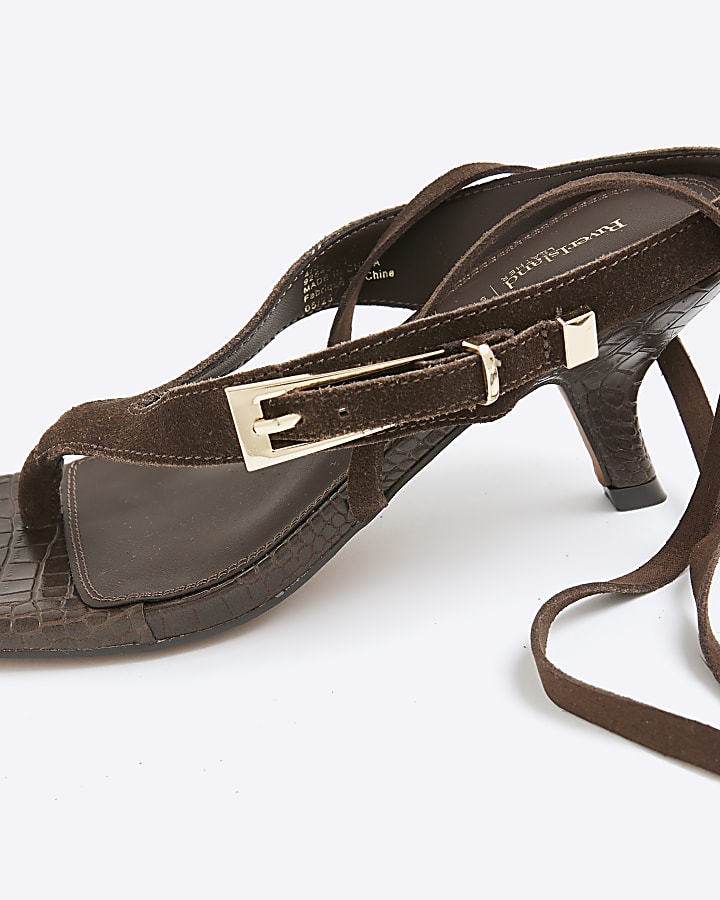 Brown Suede Tie Up Suede Toe Thong Heels