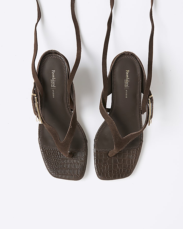 Brown Suede Tie Up Suede Toe Thong Heels