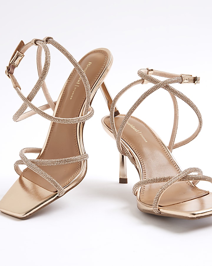 Rose Gold Diamante Strappy Heeled Sandals