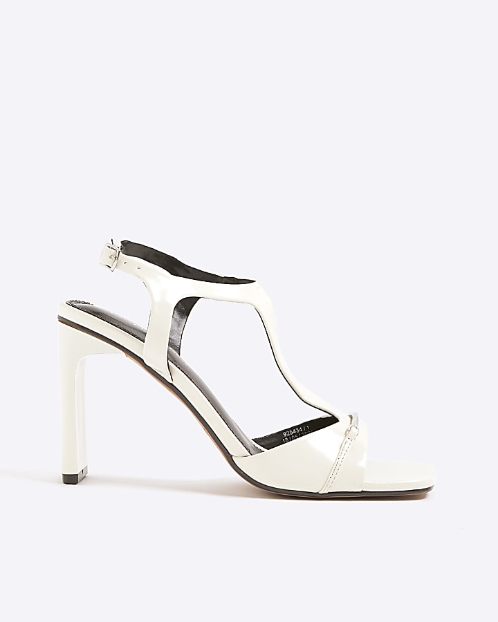 White T Bar Block Heel Sandals