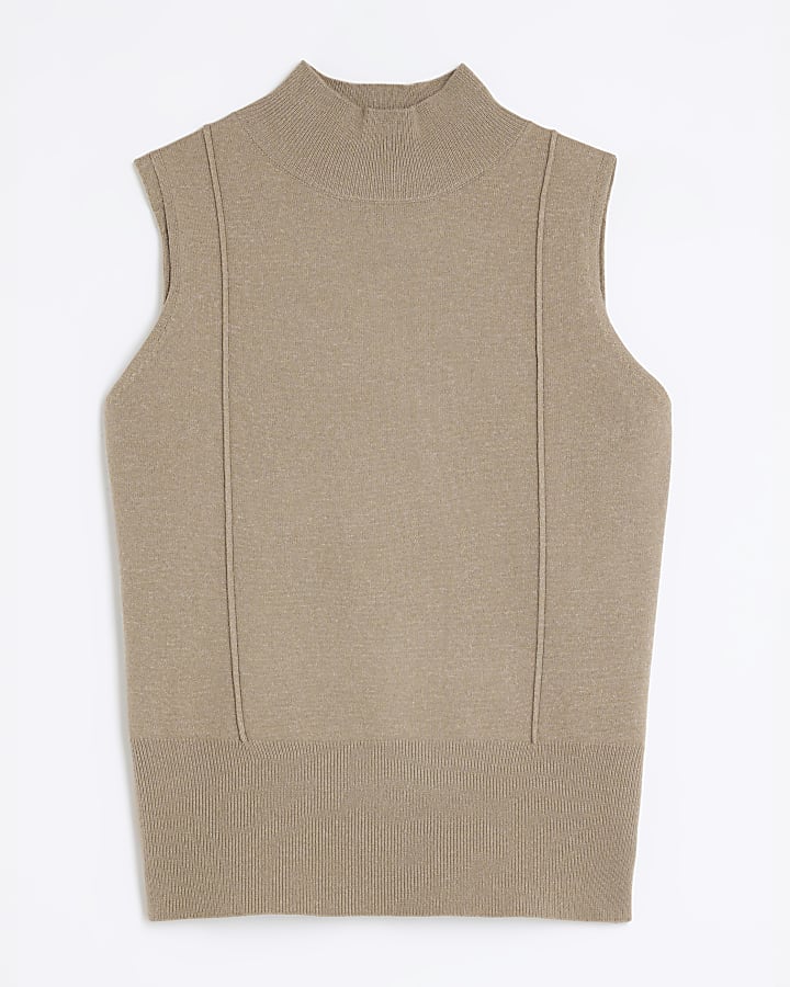 Brown Ribbed Roll Neck Sleeveless Top