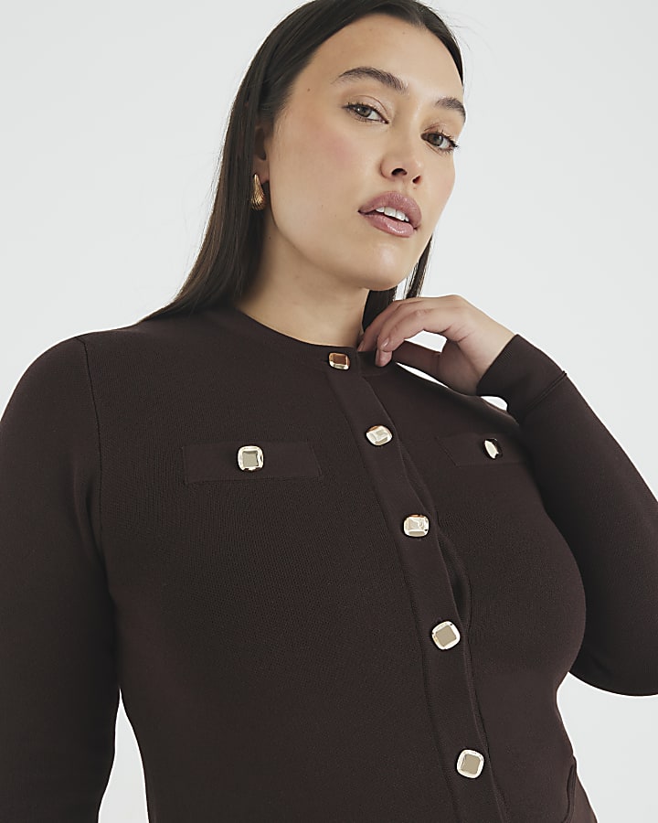 Brown Knit Fitted Button Up Cardigan