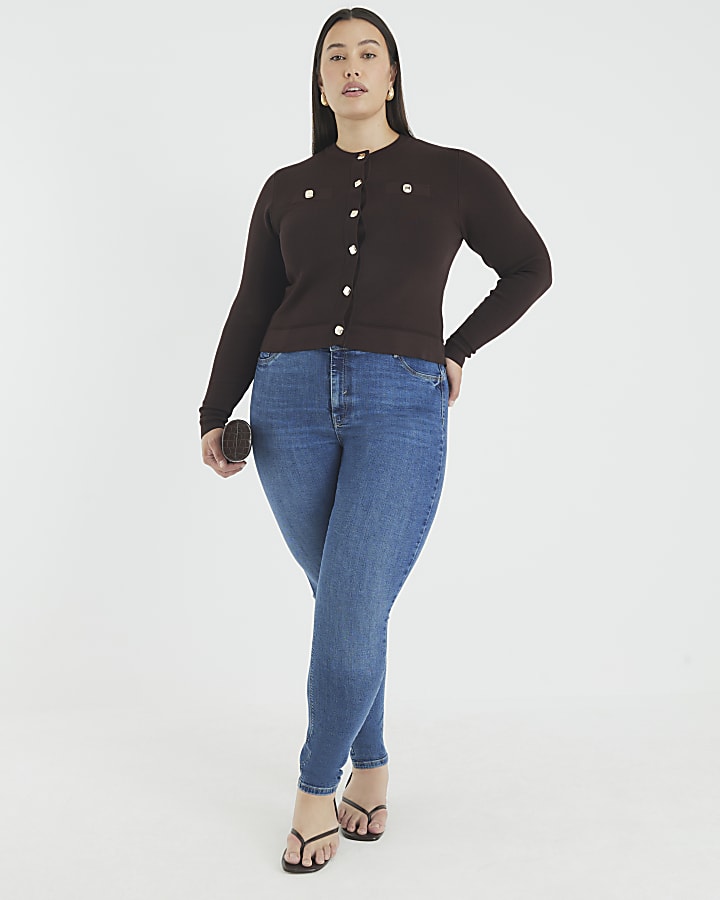 Brown Knit Fitted Button Up Cardigan