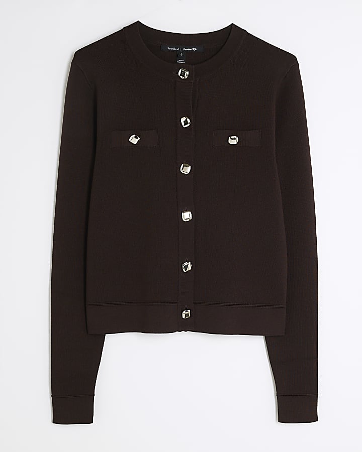 Brown Knit Fitted Button Up Cardigan