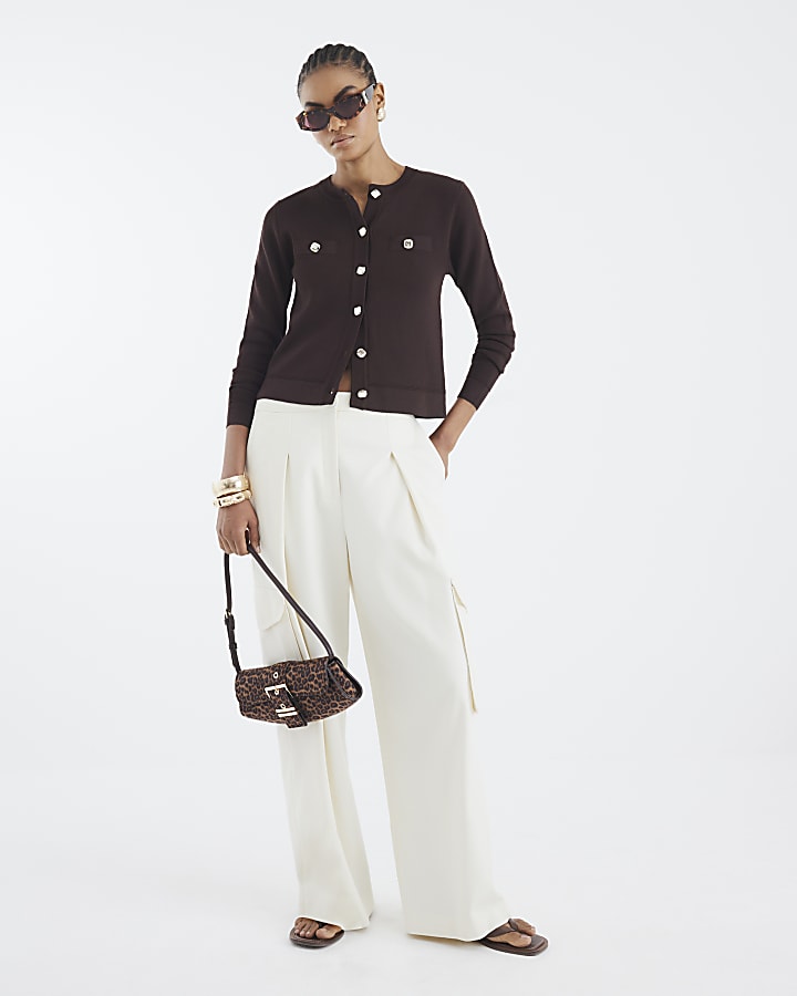 Brown Knit Fitted Button Up Cardigan
