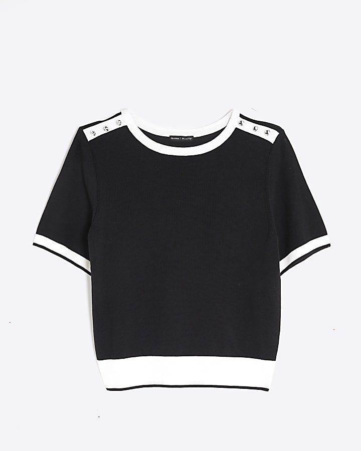 Black Knitted Button Detail T-shirt
