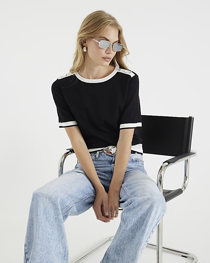 Black Knitted Button Detail T-shirt