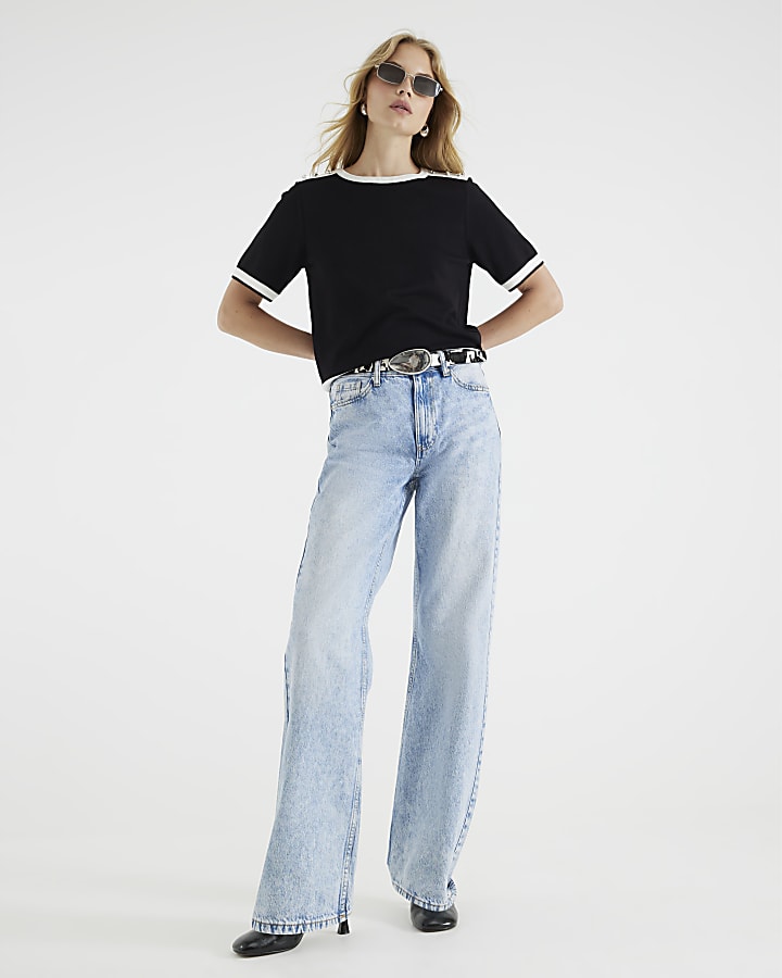 Black Knitted Button Detail T-shirt