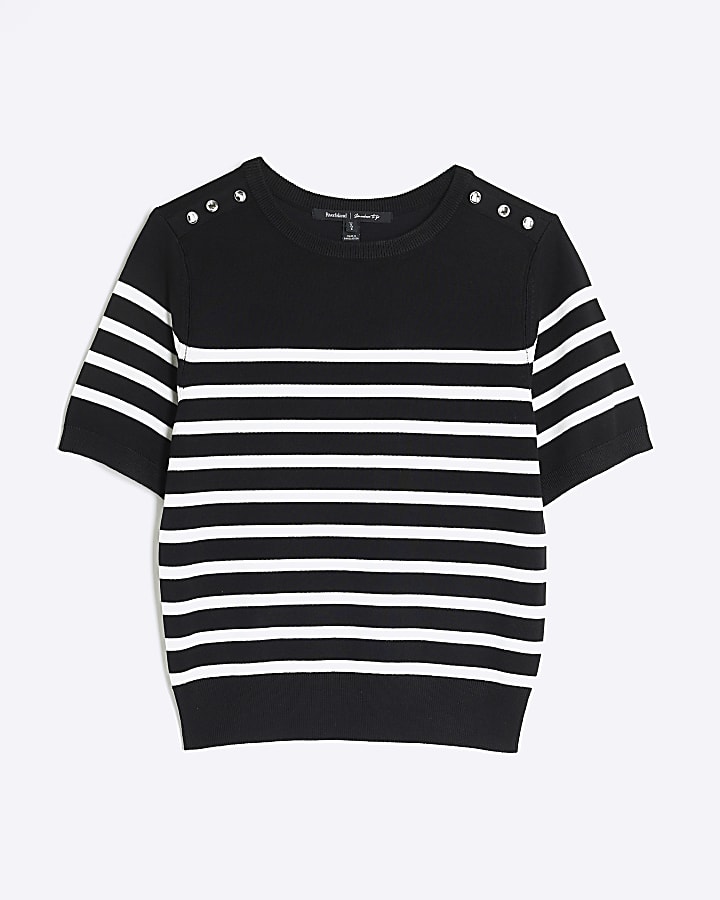 Black Striped Button Detail Knitted T-shirt