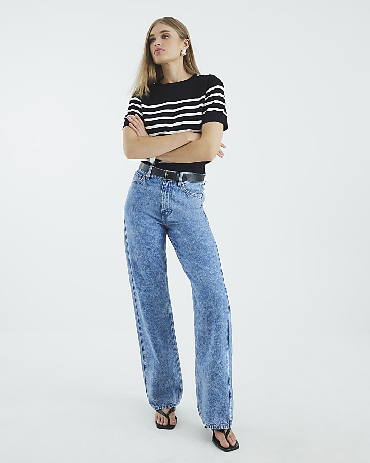 Black Striped Button Detail Knitted T-shirt