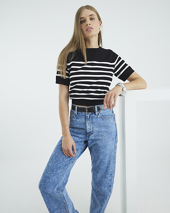 Black Striped Button Detail Knitted T-shirt