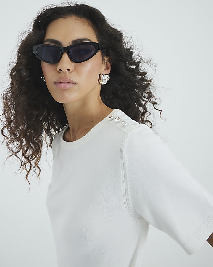 White Knitted Button Detail T-shirt