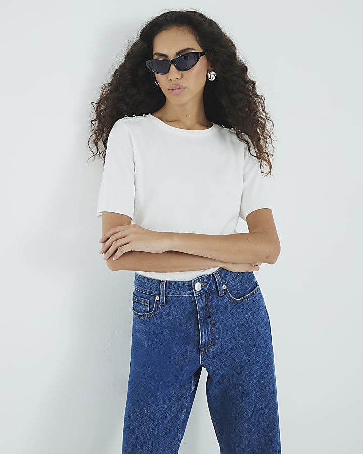 White Knitted Button Detail T-shirt