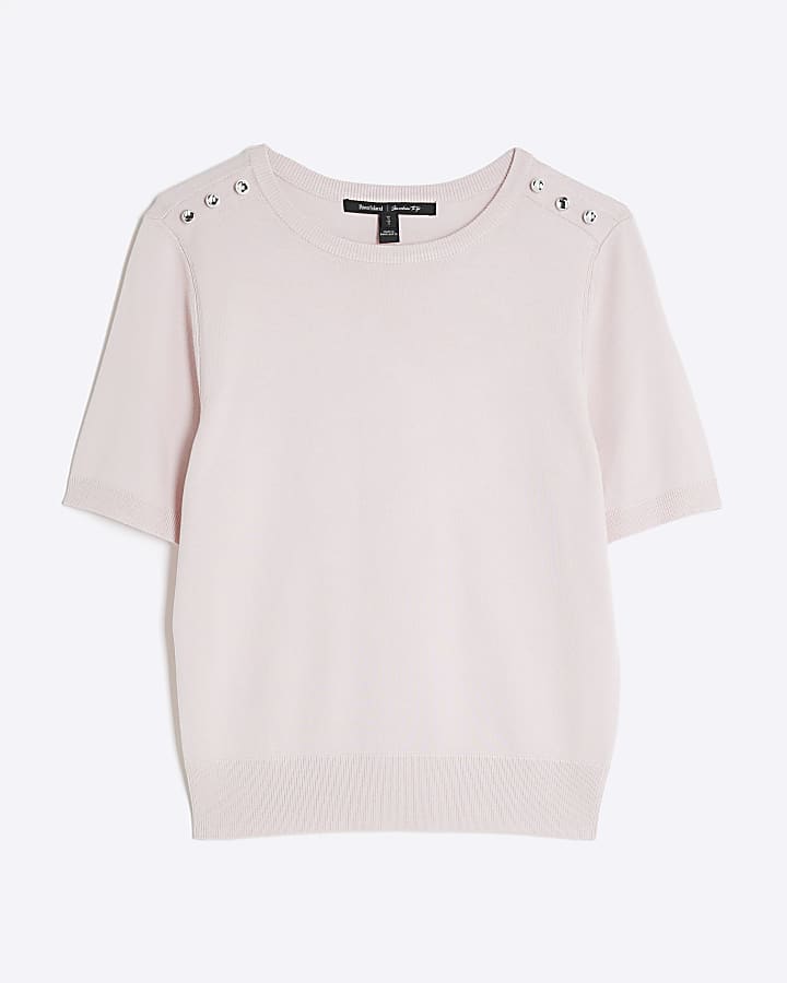 Pink Knitted Button Detail T-shirt