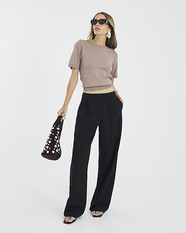Brown Button Detail Knitted T-shirt