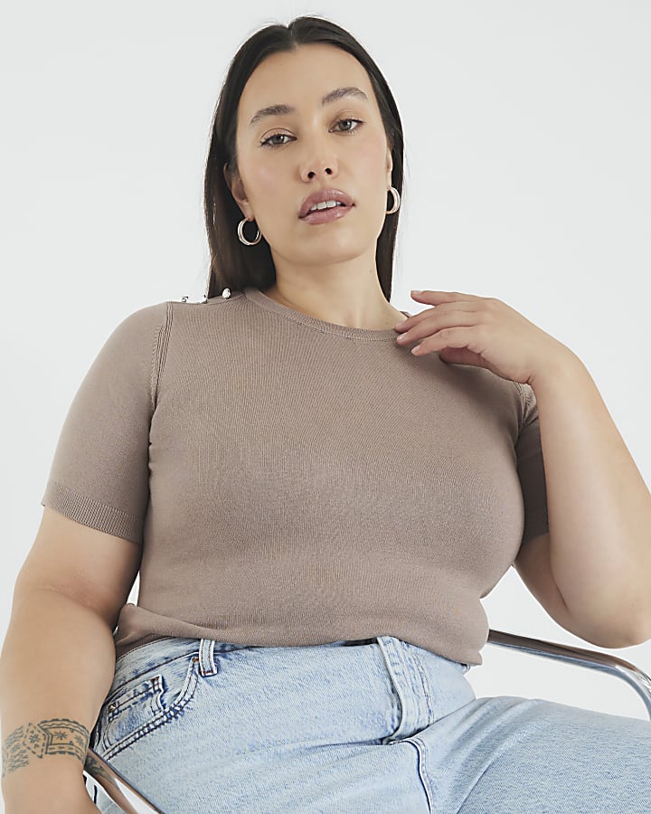 Brown Button Detail Knitted T-shirt