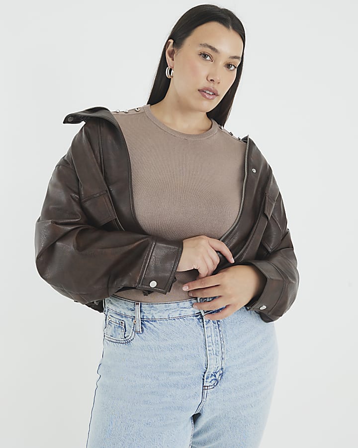 Brown Button Detail Knitted T-shirt
