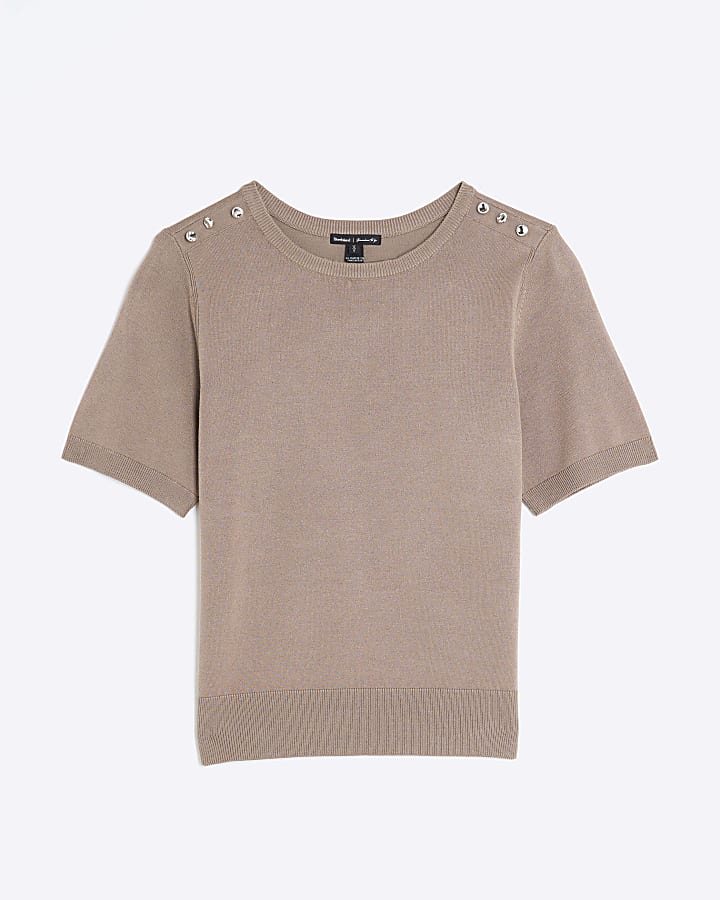 Brown Button Detail Knitted T-shirt