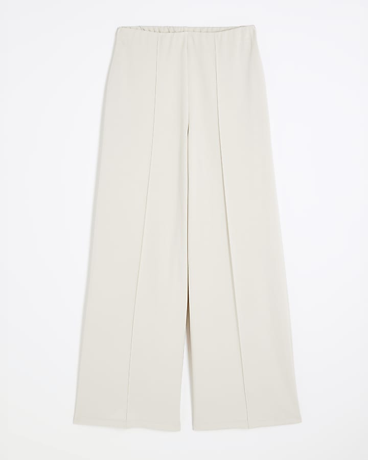 Cream Premium Wide Leg Pintuck Trousers