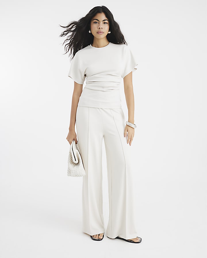 Cream Premium Wide Leg Pintuck Trousers