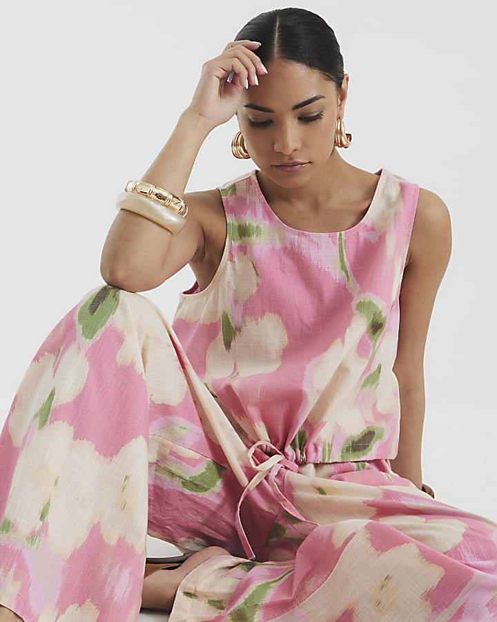 Petite Pink Floral Bubble Hem Tank Top