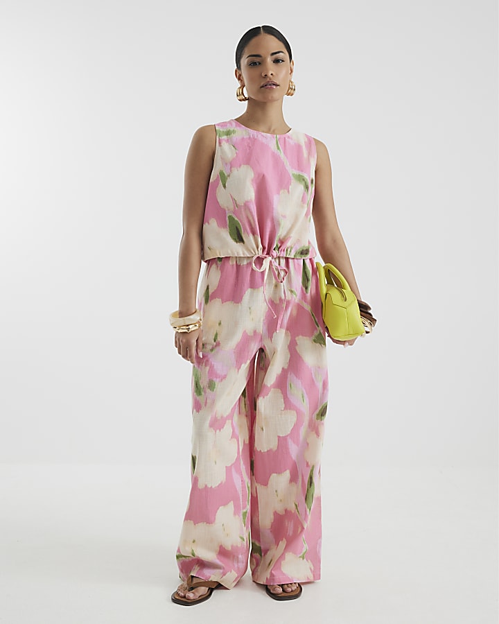 Petite Pink Floral Bubble Hem Tank Top