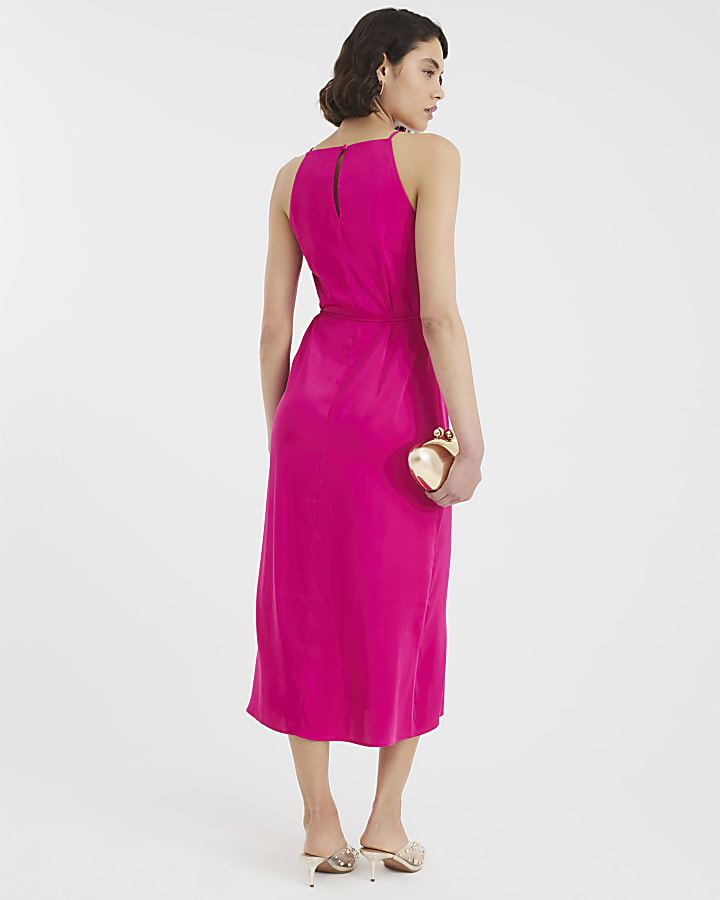 Pink Satin Tie Waist Slip Dress