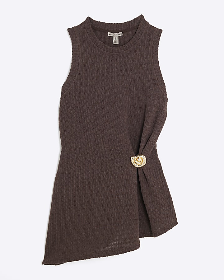 Brown Sleeveless Textured Shell Tunic Top