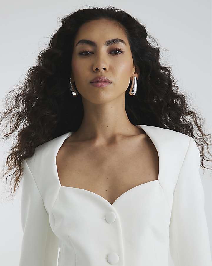White Sweetheart Neckline Blazer