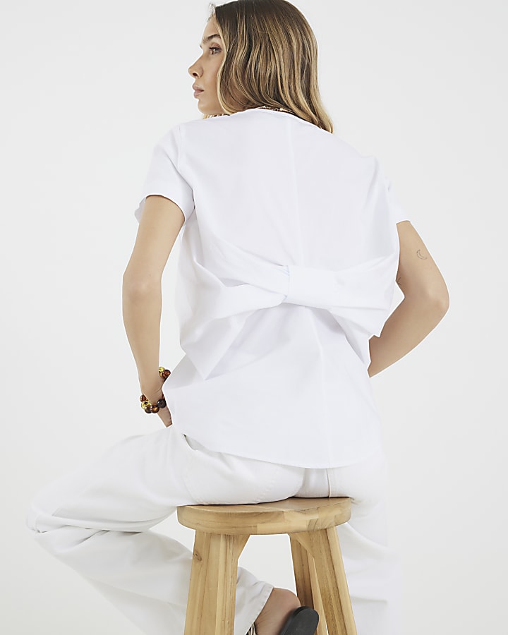 White Short Sleeve Poplin Bow Back T-shirt