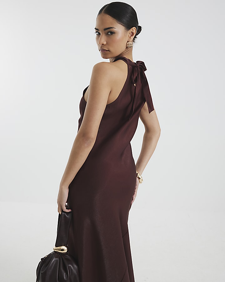 Petite Brown Satin Halter Neck Maxi Dress