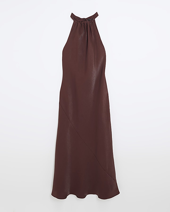 Petite Brown Satin Halter Neck Maxi Dress