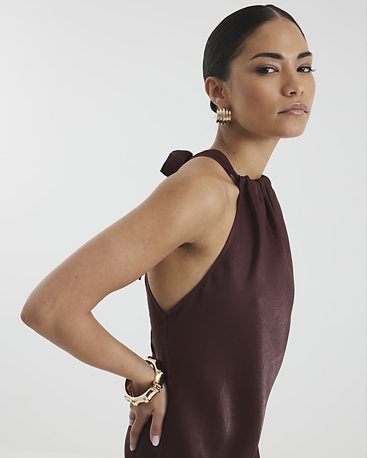 Petite Brown Satin Halter Neck Maxi Dress