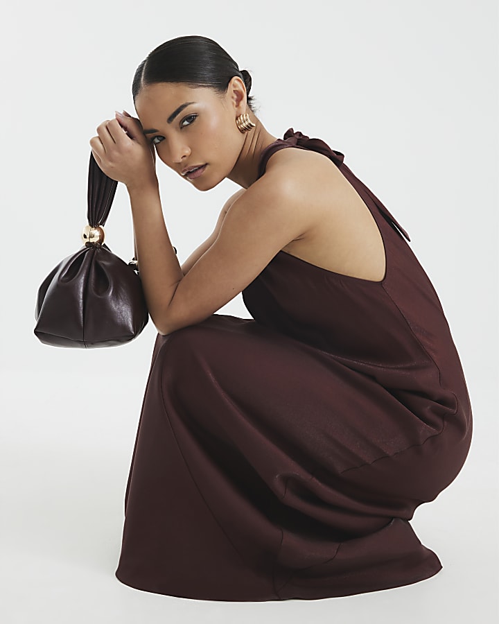 Petite Brown Satin Halter Neck Maxi Dress