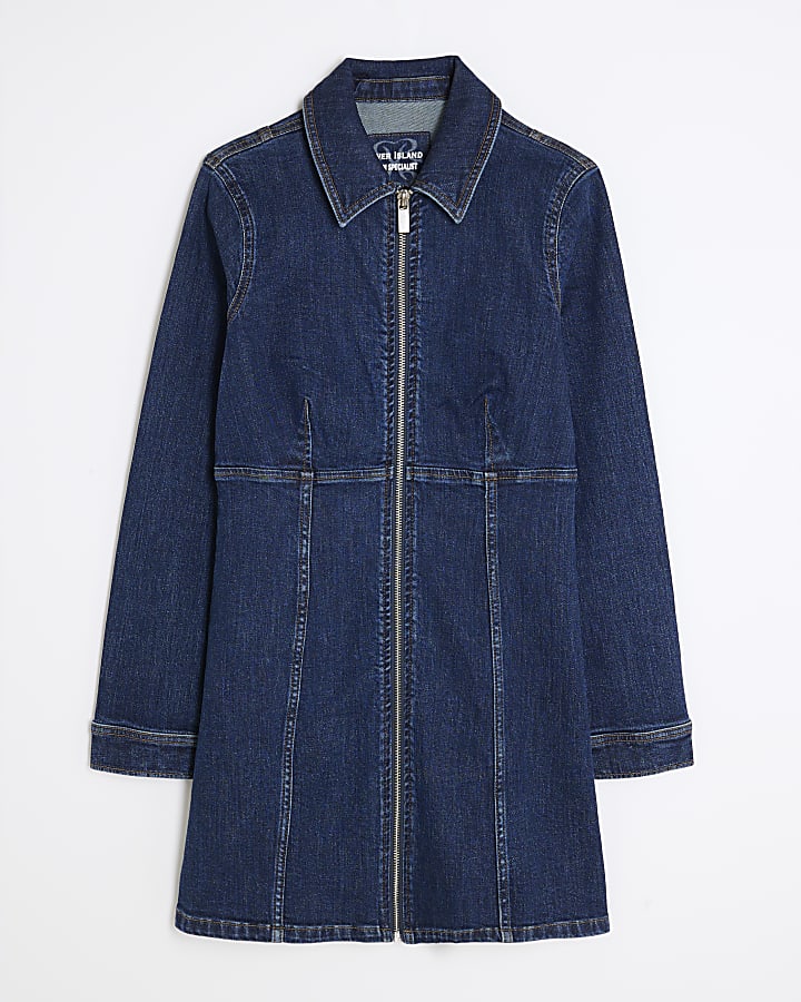 Blue Denim Long Sleeve Zip Front Mini Dress