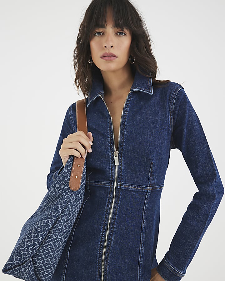 Blue Denim Long Sleeve Zip Front Mini Dress