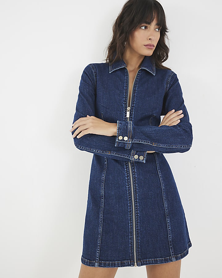 Blue Denim Long Sleeve Zip Front Mini Dress