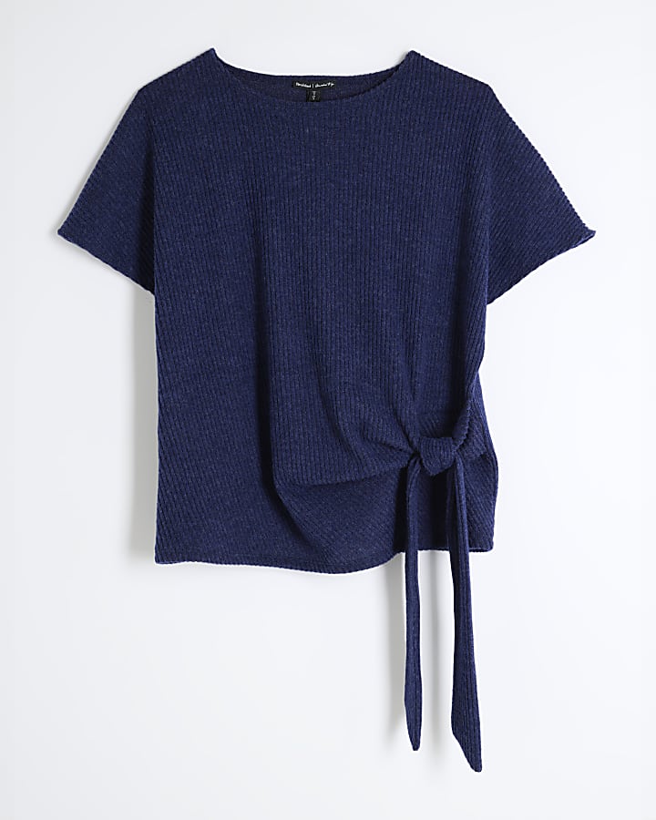 Navy Short Sleeve Tie Waist T-shirt