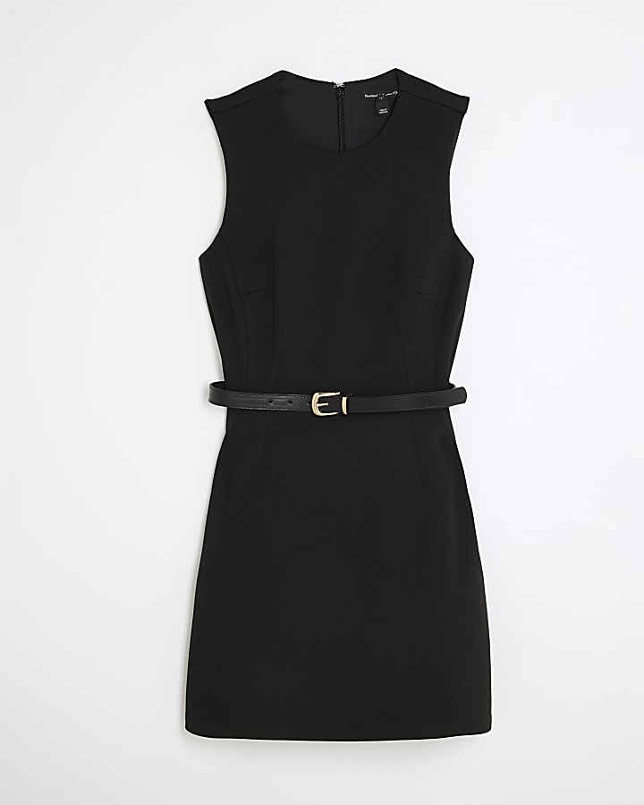 Black Sleeveless Structured Belted Mini Dress
