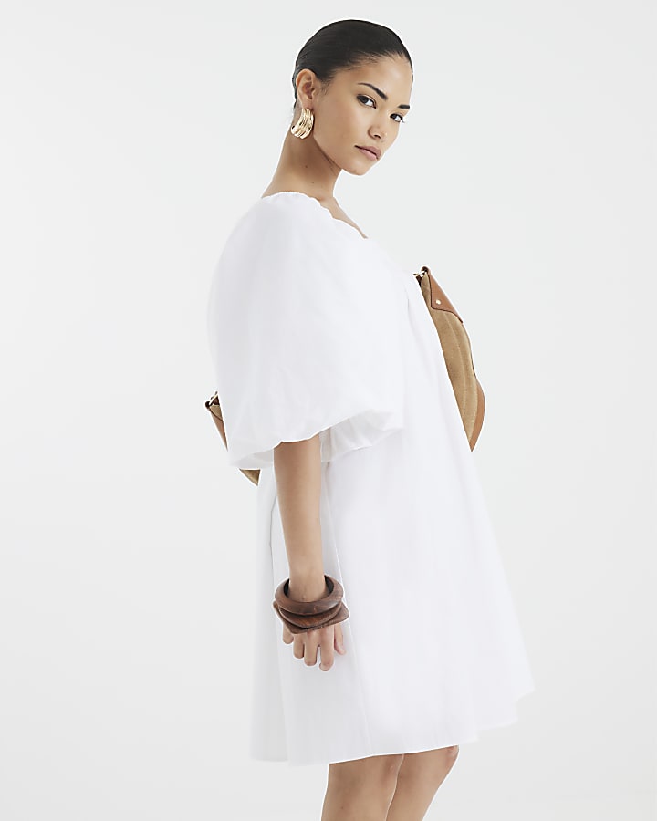 Petite White Puff Sleeve Mini Dress