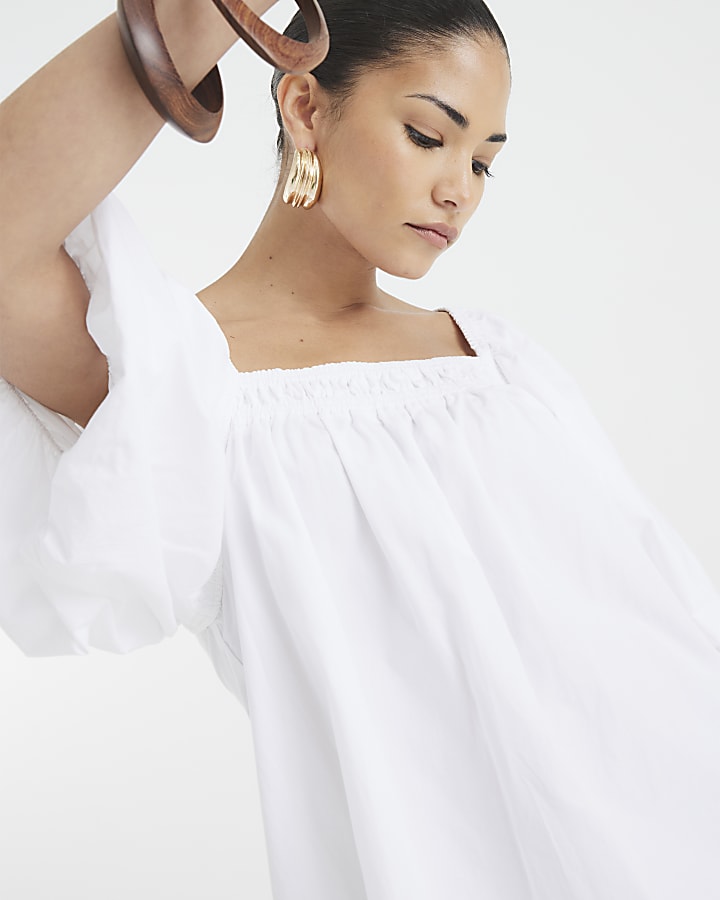 Petite White Puff Sleeve Mini Dress