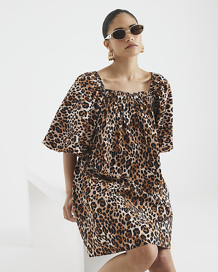Petite Brown Puff Sleeve Leopard Mini Dress